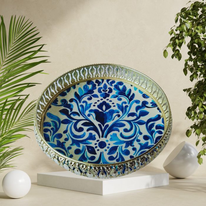 Metal Tray With Indigo Print - Image 1