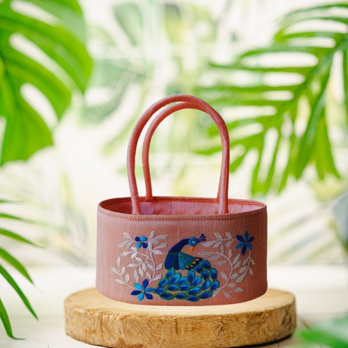 Peacock Embroidery Basket With Potli Attached - Image 1