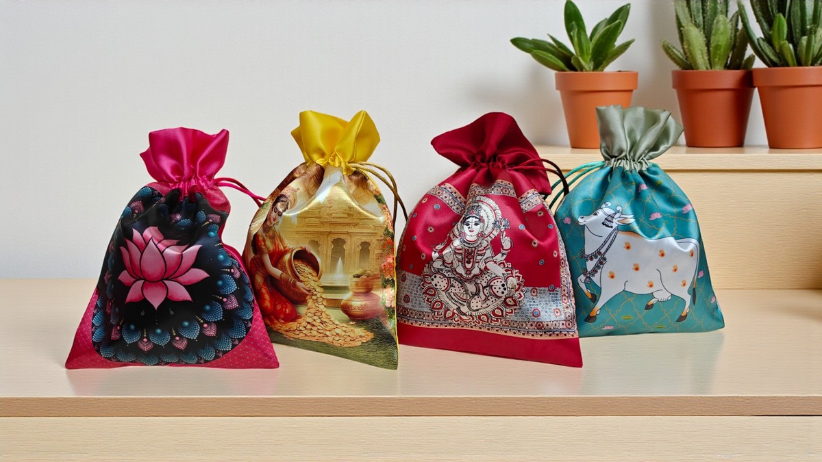 Traditional Potli bags used for South Indian wedding Thamboolam gifting
