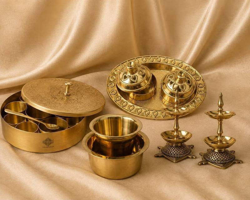 Brass diyas vellakku jars dabara sets lamps and masala boxes