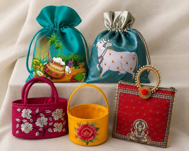 Textile embroidery brocade raw silk baskets potlis bags and pouches