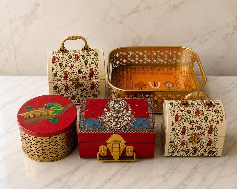 Metal baskets trays boxes trunks and jars