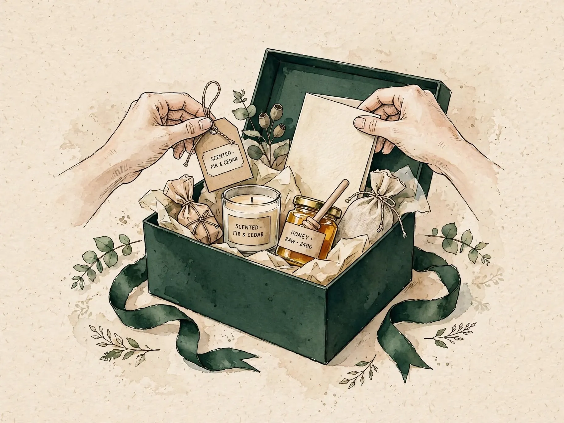 Handcrafted box basket and gift elements being customised and assembled
